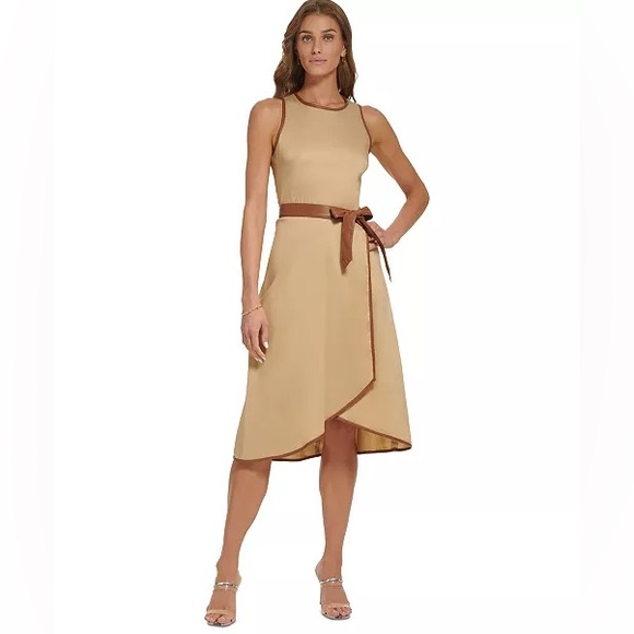 DKNY Women's Mixed-Media Belted Midi Dress Tan with Brown Trim size 10 - Picture 1 of 9